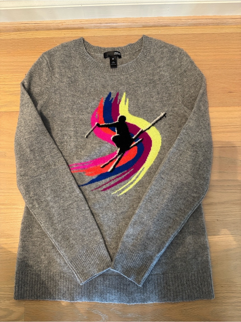 Aqua Gray Cashmere Crewneck with Neon Ski Graphic